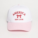 "AMERICA" & Bow Embroidered Two Tone Stripe Baseball Cap

- One Size Fits Most
- Snap Back Closure
- 100% Cotton