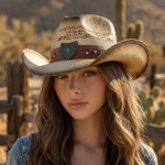 Wholesale vented Vintage Straw Cowboy Hat Turquoise Rhinestone Studded Shield Ba