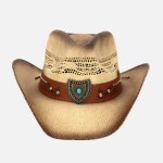Wholesale vented Vintage Straw Cowboy Hat Turquoise Rhinestone Studded Shield Ba