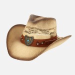Wholesale vented Vintage Straw Cowboy Hat Turquoise Rhinestone Studded Shield Ba