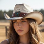 Wholesale vented Vintage Straw Cowboy Hat Turquoise Rhinestone Studded Shield Ba