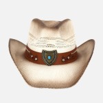 Wholesale vented Vintage Straw Cowboy Hat Turquoise Rhinestone Studded Shield Ba