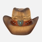 Wholesale vented Vintage Straw Cowboy Hat Turquoise Rhinestone Studded Shield Ba
