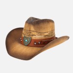 Wholesale vented Vintage Straw Cowboy Hat Turquoise Rhinestone Studded Shield Ba