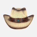 Wholesale vintage Straw Cowboy Hat Vegan Leather Band Turquoise Details One Fits