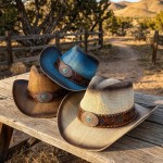 Wholesale vintage Straw Cowboy Hat Vegan Leather Band Turquoise Details One Fits