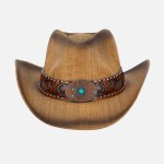 Wholesale vintage Straw Cowboy Hat Vegan Leather Band Turquoise Details One Fits