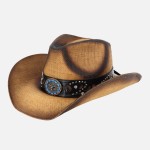 Wholesale vintage Straw Cowboy Hat Studded Details Bull Head Concho One Fits Mos