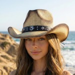 Wholesale vintage Straw Cowboy Hat Vegan Leather Horseshoe Studded Band One Fits