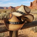 Wholesale vintage Straw Cowboy Hat Vegan Leather Horseshoe Studded Band One Fits