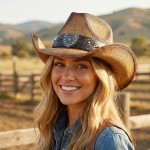 Wholesale vintage Straw Cowboy Hat Studded Band Turquoise Shield Detail One Fits