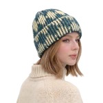 Wholesale cuffed knit beanie two diamond pattern deep fold brim sits low across