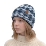 Wholesale cuffed knit beanie two diamond pattern deep fold brim sits low across