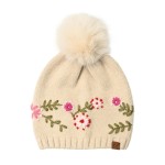 Wholesale floral Embroidered Pom Beanie stitched vine tiny blossoms leaves circl