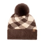 Wholesale buffalo Check Pom Beanie bold plaid knit crown solid ribbed fold cuff