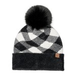 Wholesale buffalo Check Pom Beanie bold plaid knit crown solid ribbed fold cuff