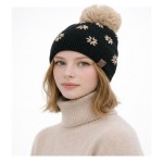 Wholesale daisy Knit Pom Beanie flower motif knit right into fabric soft vintage