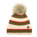 Wholesale striped knit pom beanie chunky ribbed body fold cuff fluffy faux fur p