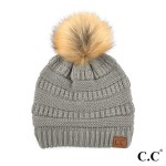 Wholesale c C HAT Solid Ribbed Knit Faux Fur Pom Beanie One fits most Acrylic