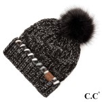 C.C HAT-1826 
Ombre dyed accent yarn on cuff with faux fur pom

- 100% Acrylic
- One size fits most