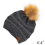 Wholesale c C HAT Metallic ribbed beanie faux fur pom Acrylic One fits most