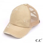 C.C BT-780 Pony Cap
Distressed Criss Cross Pony Cap with Mesh Back 

- One size fits most
- Elastic criss cross ponytail opening 
- Adjustable Velcro Closure
- 60% Cotton / 40% Polyester 