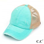 C.C BT-780 Pony Cap
Distressed Criss Cross Pony Cap with Mesh Back 

- One size fits most
- Elastic criss cross ponytail opening 
- Adjustable Velcro Closure
- 60% Cotton / 40% Polyester 