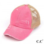 C.C BT-780 Pony Cap
Distressed Criss Cross Pony Cap with Mesh Back 

- One size fits most
- Elastic criss cross ponytail opening 
- Adjustable Velcro Closure
- 60% Cotton / 40% Polyester 