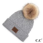 C.C HAT-2060
Diagonal Stripe Knit Pattern Pom Beanie with C.C Brand Leather Patch.

- One size fits most 
- 47% Rayon / 31% PBT / 22% Nylon 
- POM: 100% Faux Fur