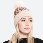 Wholesale fuzzy Knit Faux Fur Lined Leopard Print Pom Beanie One fits most Acryl