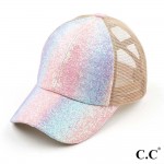 C.C BT-931
Glitter Criss-Cross PonyTail Cap with Mesh Back.

- Elastic Criss-Cross Back Feature
- Can Be Worn Multiple Ways
- Adjustable Velcro Closure
- One size fits most
- 60% Cotton / 40% Polyester