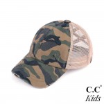 C.C KIDS-BT-783 Vintage Distressed Camouflage Criss-Cross High PonyTail Cap with Mesh Back. 

- Elastic Criss Cross Back Feature 
- Can Be Worn Multiple Ways 
- Adjustable Velcro Closure 
- One size fits most kids 5-11 
- 60% Cotton / 40% Polyester