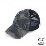 C.C KIDS-BT-783 Vintage Distressed Camouflage Criss-Cross High PonyTail Cap with Mesh Back. 

- Elastic Criss Cross Back Feature 
- Can Be Worn Multiple Ways 
- Adjustable Velcro Closure 
- One size fits most kids 5-11 
- 60% Cotton / 40% Polyester