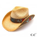 Wholesale tea Stained Raffia Cowboy Hat Leather Trim Embroidery Raffia May Vary