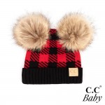 Wholesale c C BABY POMPOM Plaid Knit Baby Beanie Faux Fur Double Poms Rayon PBT