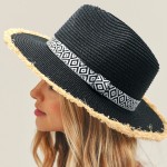 Wholesale straw Panama Hat Black White Aztec Band Frayed Edges One Fits Most Adj