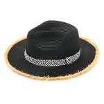 Wholesale straw Panama Hat Black White Aztec Band Frayed Edges One Fits Most Adj