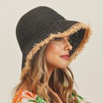 Wholesale straw Bucket Hat Frayed Edges One Fits Most Adjustable Drawstring Pape