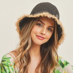 Wholesale straw Bucket Hat Frayed Edges One Fits Most Adjustable Drawstring Pape