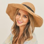 Wholesale straw Brim Hat Black Ribbon One Fits Most Adjustable Drawstring Inside