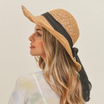 Wholesale straw Brim Hat Black Ribbon One Fits Most Adjustable Drawstring Inside