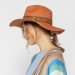 Wholesale straw Panama Hat Aztec Trim One Fits Most Adjustable Drawstring Inside