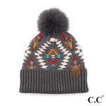 C.C HAT-3001
Aztec Pattern Hat With Soft Faux Fur Pom

- 47% Rayon / 31% PBT / 22% Nylon
- One Size Fits Most