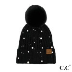 C.C HAT-4008
Pearl Embellishments Pom Beanie Hat

- One Size
- 68% Acrylic / 19% Polyester / 3% Spandex 