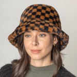 Wholesale fuzzy Checkered Bucket Hat Adjustable Draw String One Fits Most Polyes