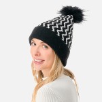Wholesale chevron Striped Beanie Faux Fur Pom One Fits Most Acrylic Polyester Sp