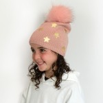Wholesale kids Knit Beanie Metallic Printed Stars Faux Fur Pom Viscose Polyester