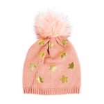 Wholesale kids Knit Beanie Metallic Printed Stars Faux Fur Pom Viscose Polyester