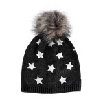Wholesale kids Knit Beanie Metallic Printed Stars Faux Fur Pom Viscose Polyester