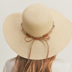 Wholesale sun Hat Beaded Band Natural Stone Detail Leather String Bow One Fits M